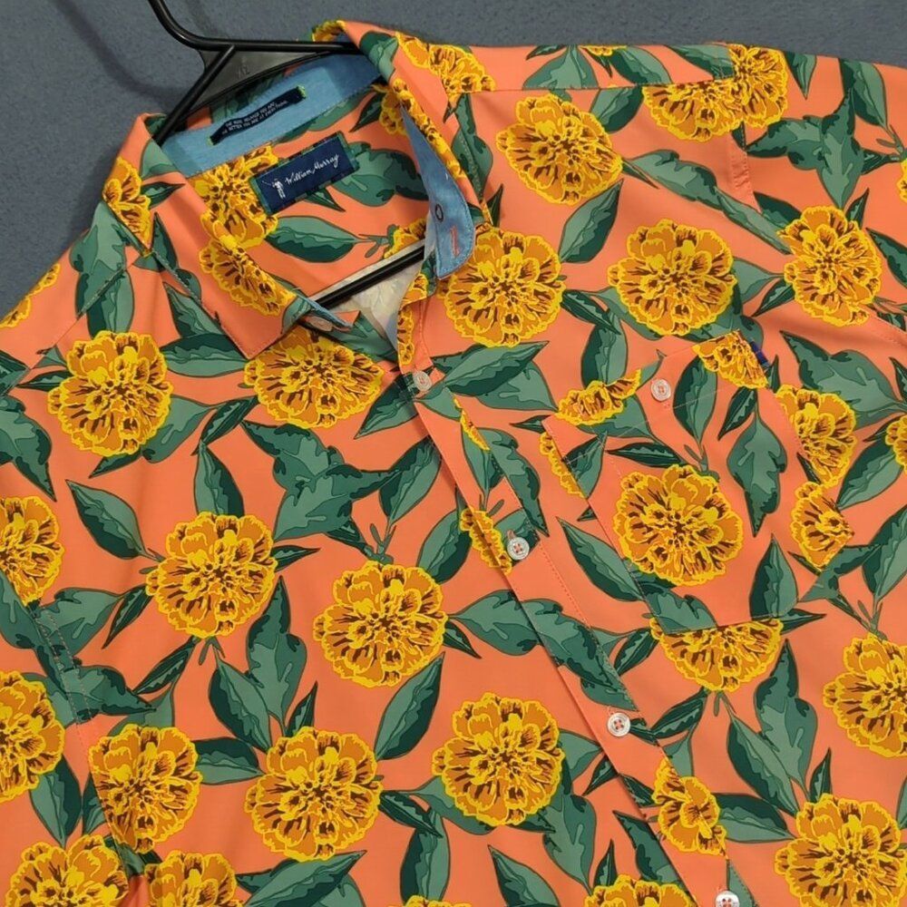 William Murray Shirt Men's L Orange Tropical Mums Short Sleeve Button Up Golf